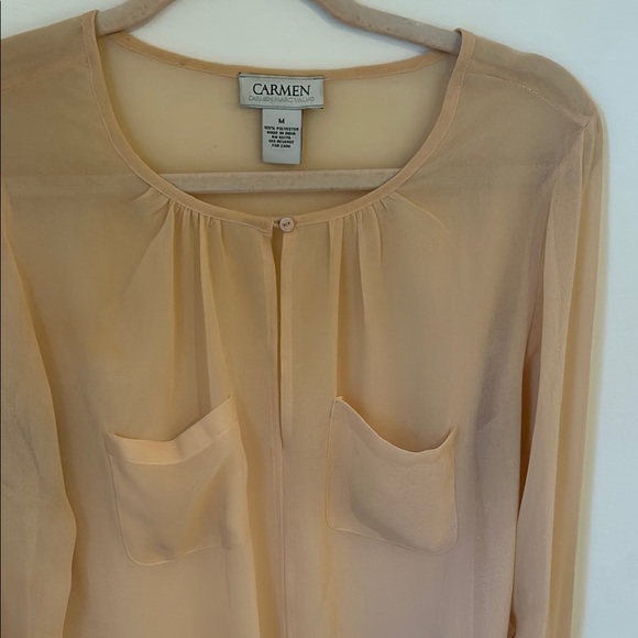 Carmen Marc Valvo Sheer Pink and Cream Blouse with Embellished Cuffs Sleeves - Picture 5 of 7